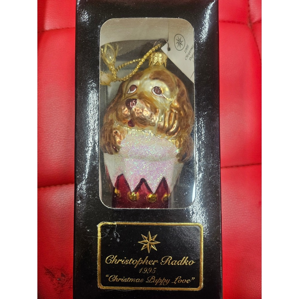 Christopher Radko 1995 Christmas Puppy Love Glass Ornament Vintage Dog Stocking
